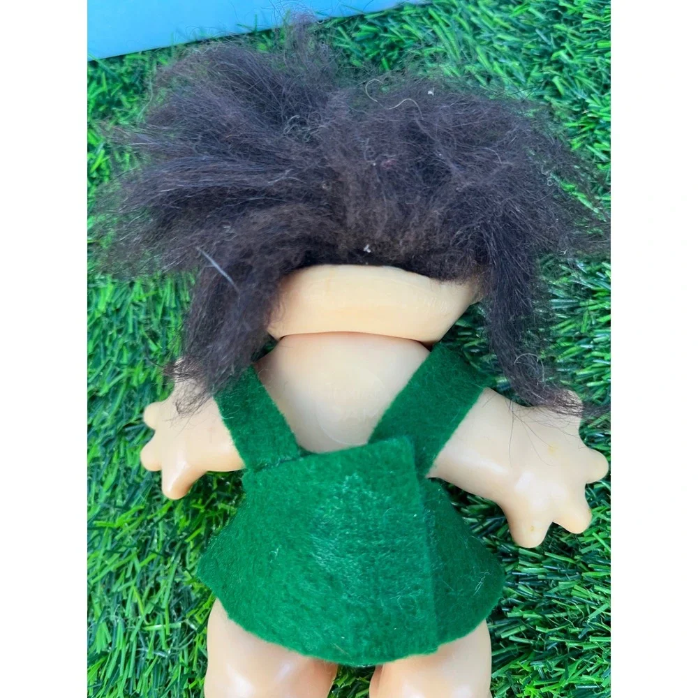 Vintage DAM Troll Doll Dark Brown Hair Green Felt Dress Amber Eyes Thomas Dam